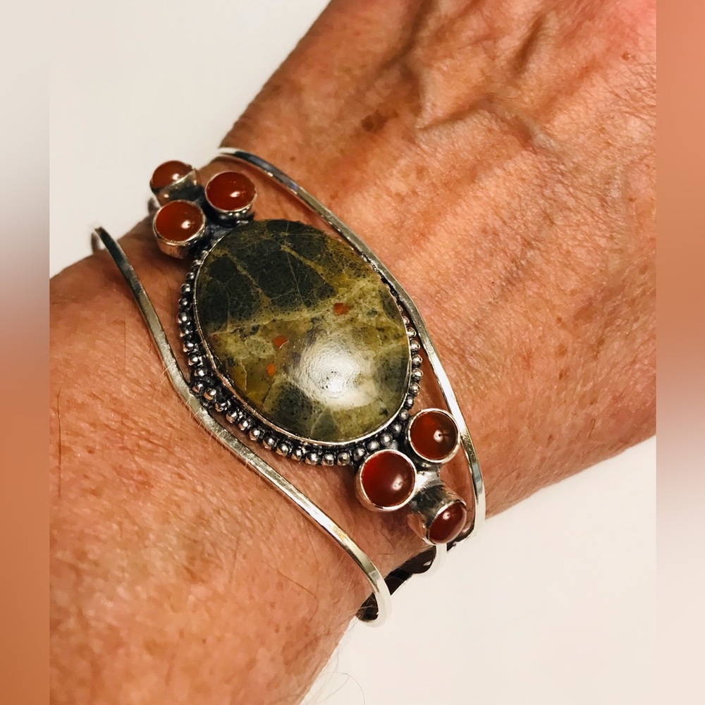 Peanut Obsidian Carnelian Stamped 925 Sterling Silver Cuff Bracelet